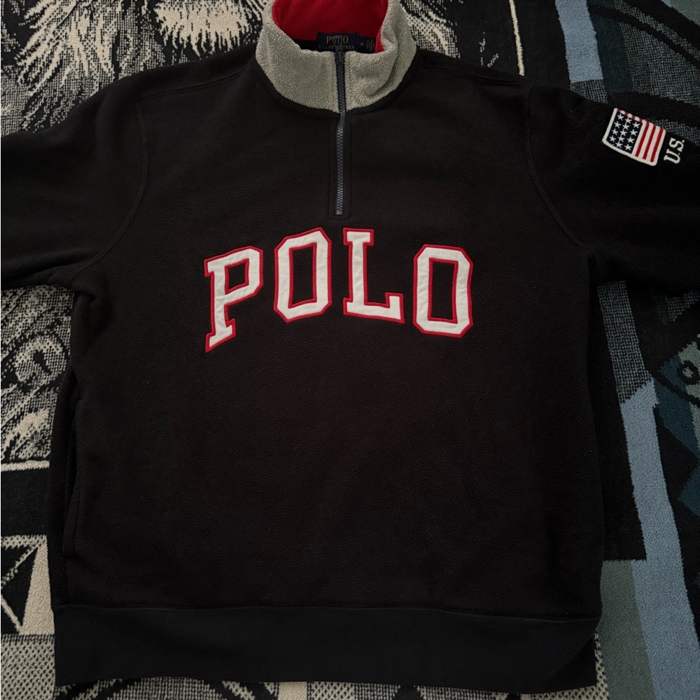 Polo Ralph Lauren POLO USA Flagpatch Black/White/Red Fleece Quarter-Zip Pullover